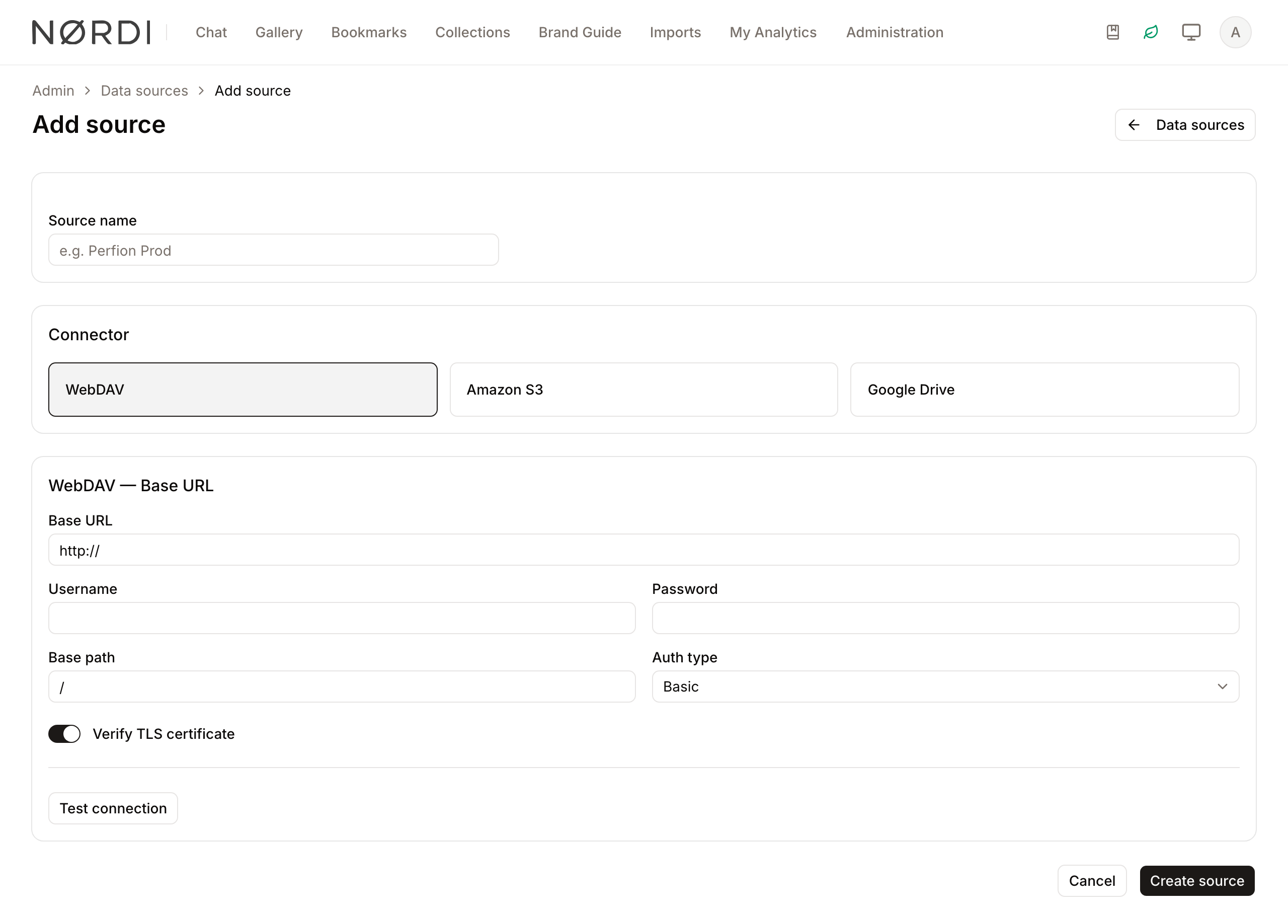 The create-source page, showing the connector options