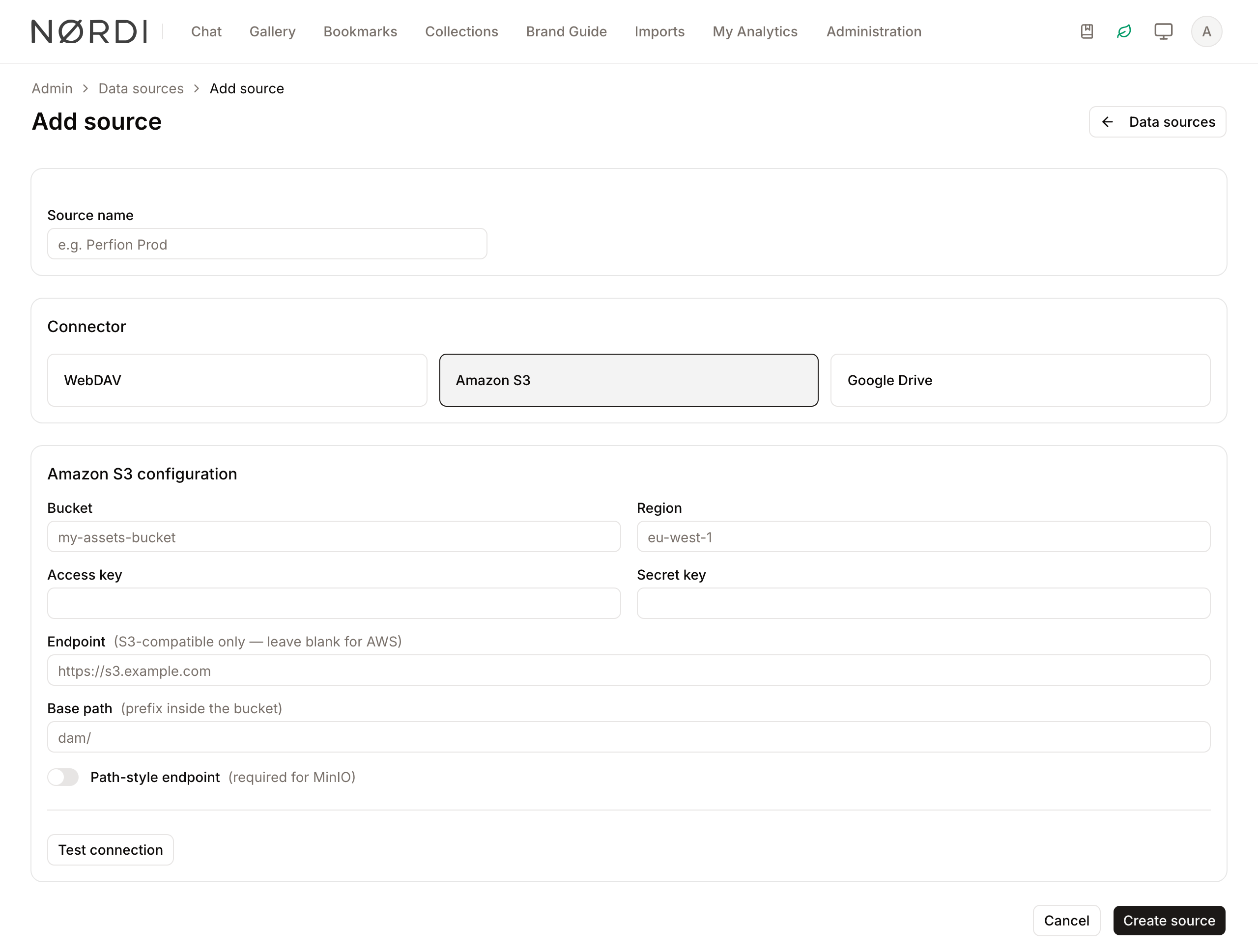 The create-source page with the Amazon S3 connector selected