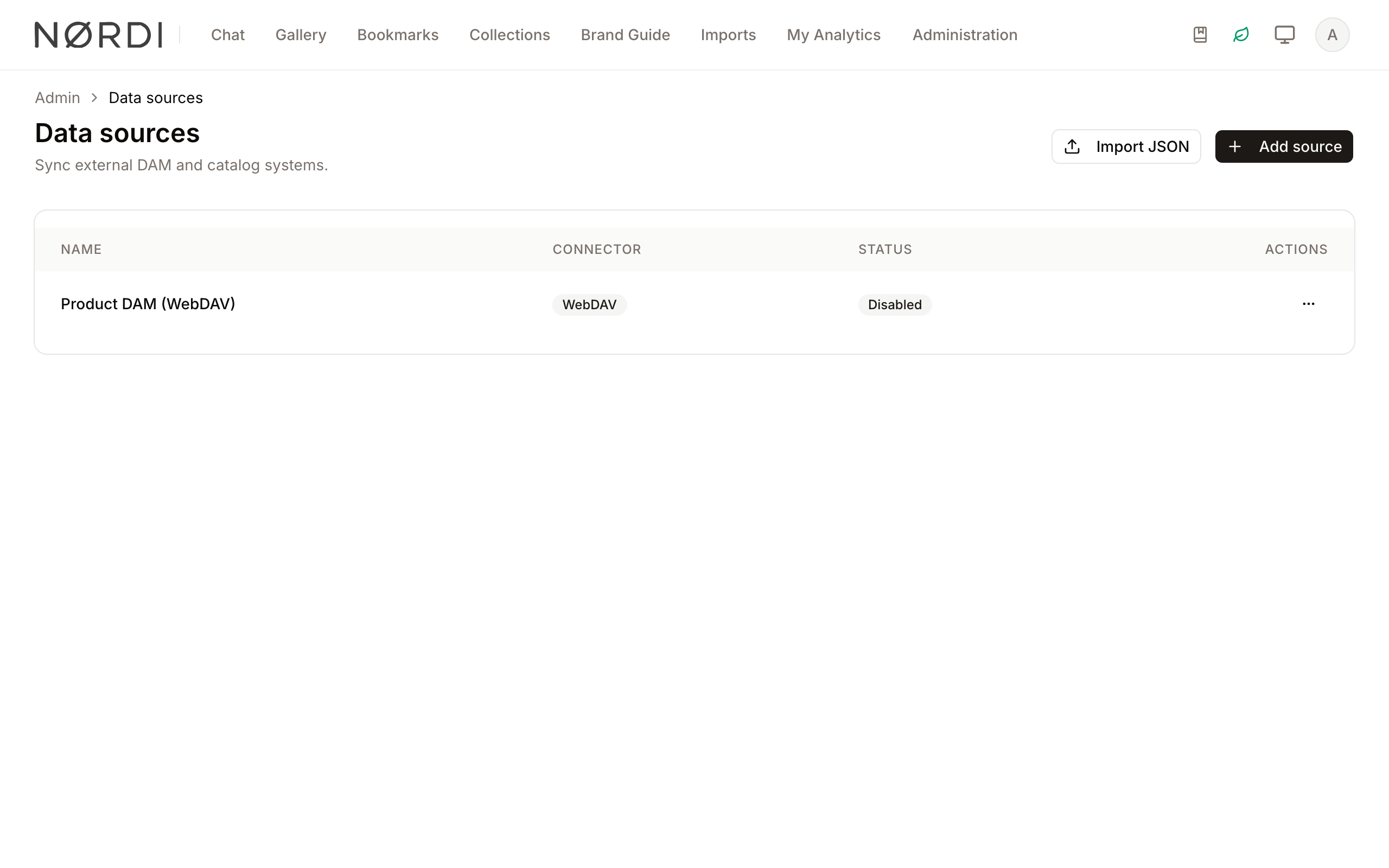 The Data Sources list, showing a configured source and its status