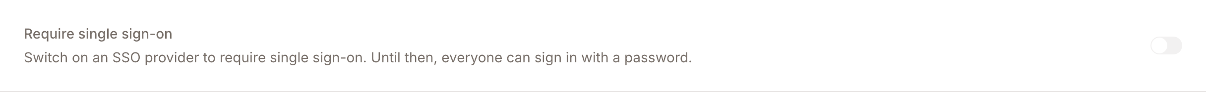 The Require single sign-on row, locked until an SSO provider is switched on