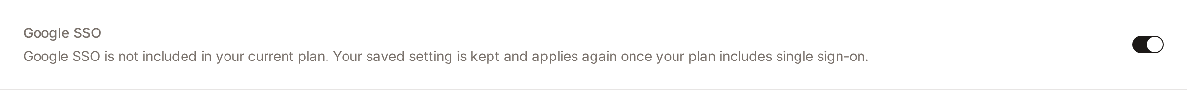 The Google SSO row on a workspace whose plan does not include single sign-on: the saved setting is kept and the description explains why it is inactive