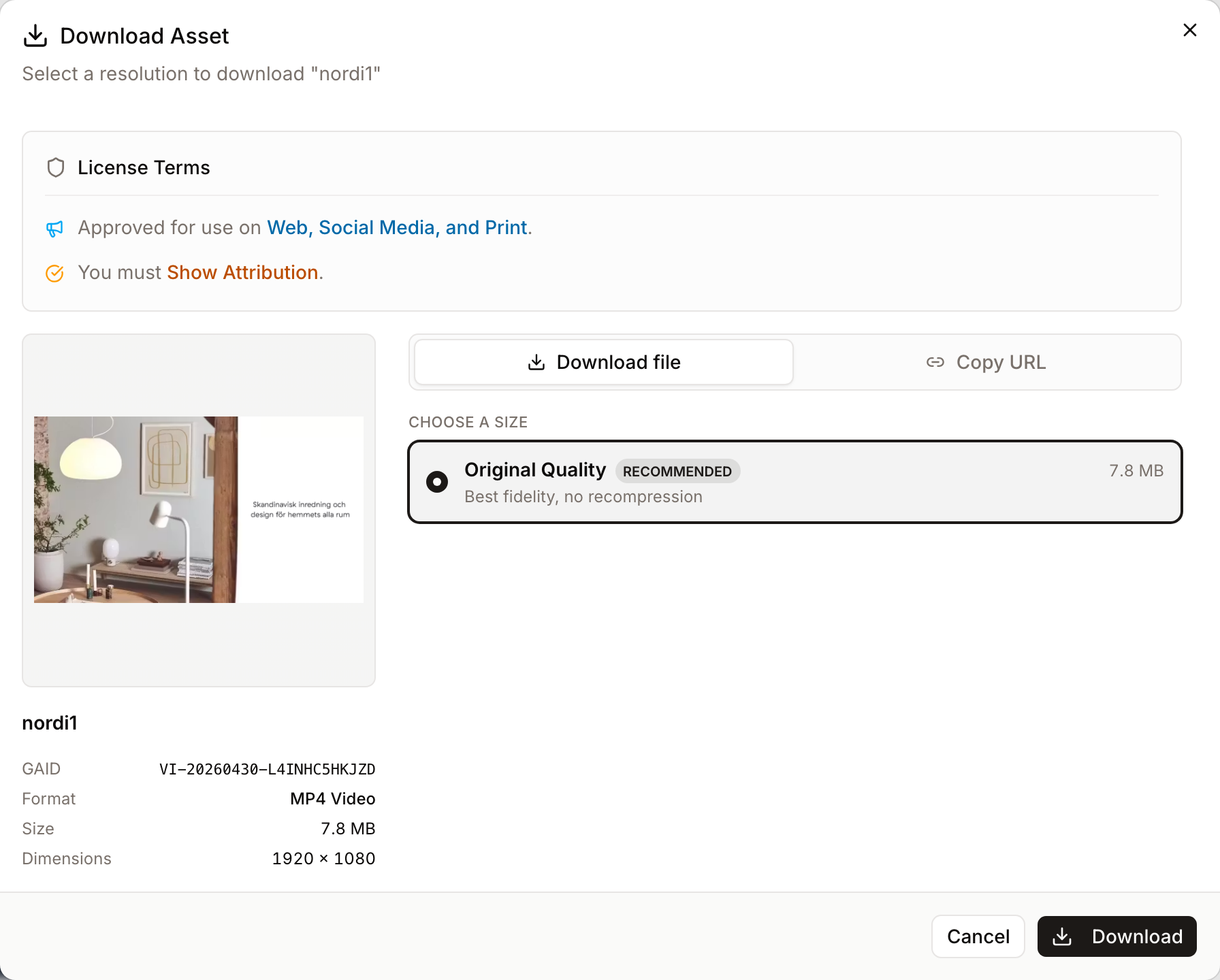 The download dialog for a video asset, showing original-only availability