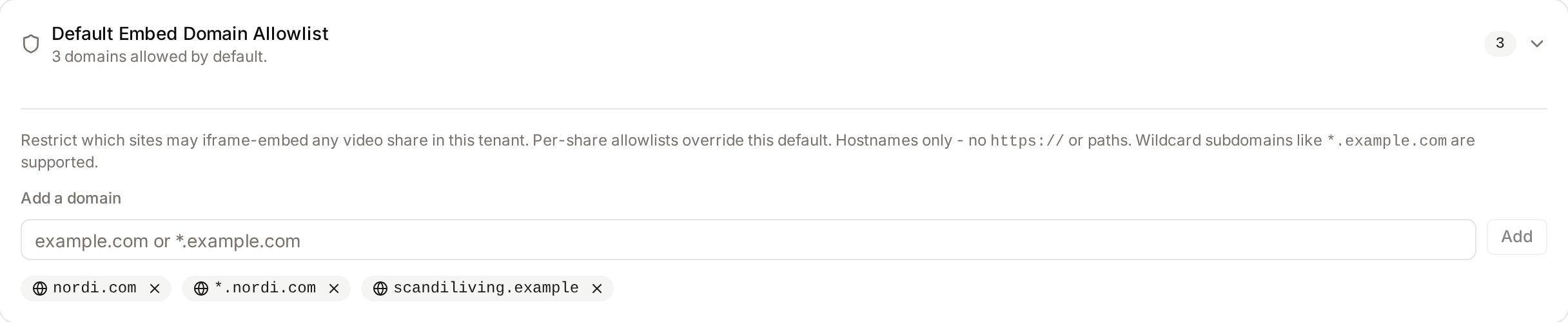 The Default Embed Domain Allowlist card expanded, with the Add a domain field
