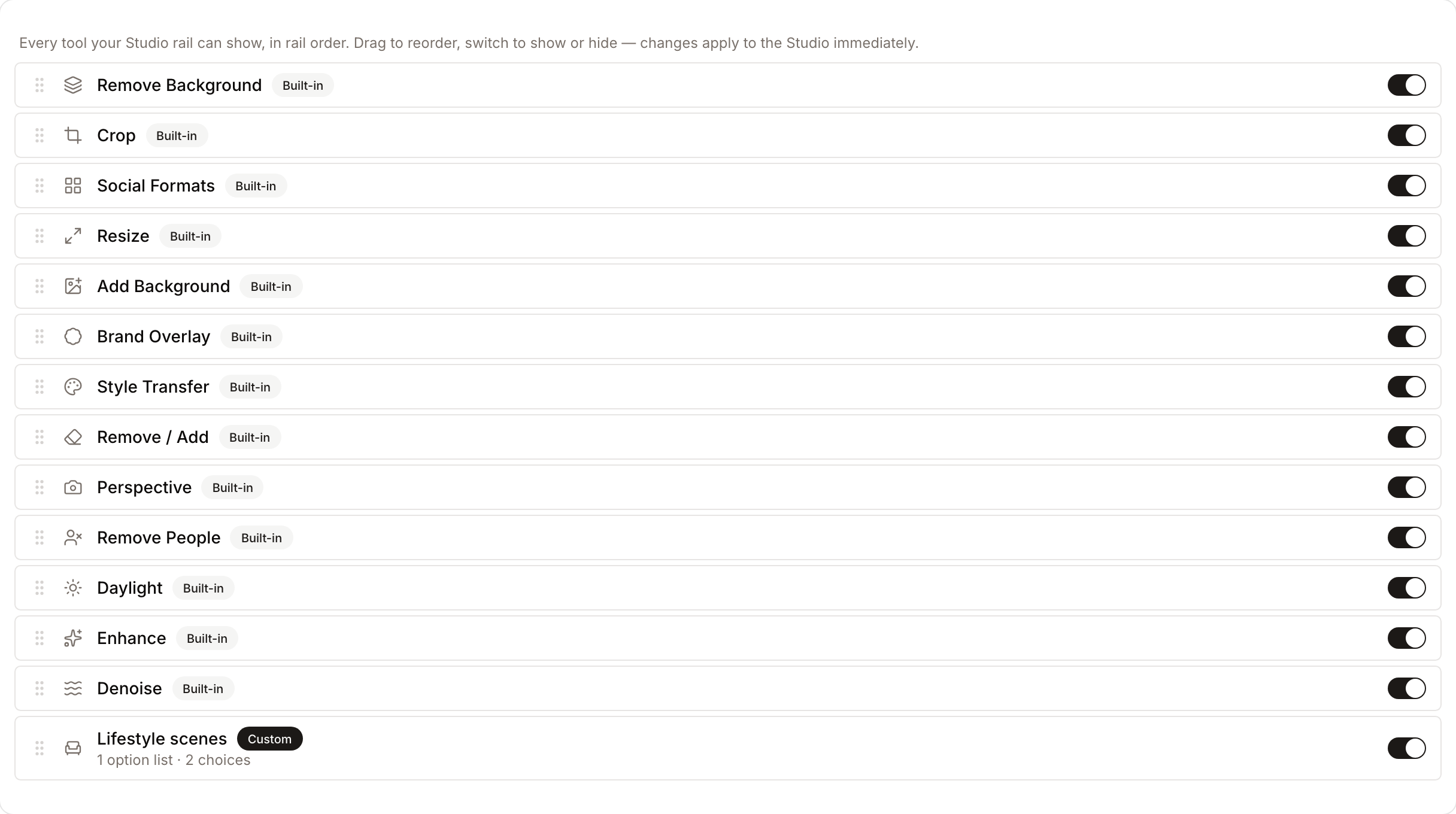 The Studio Skills catalog, listing built-in and custom tools