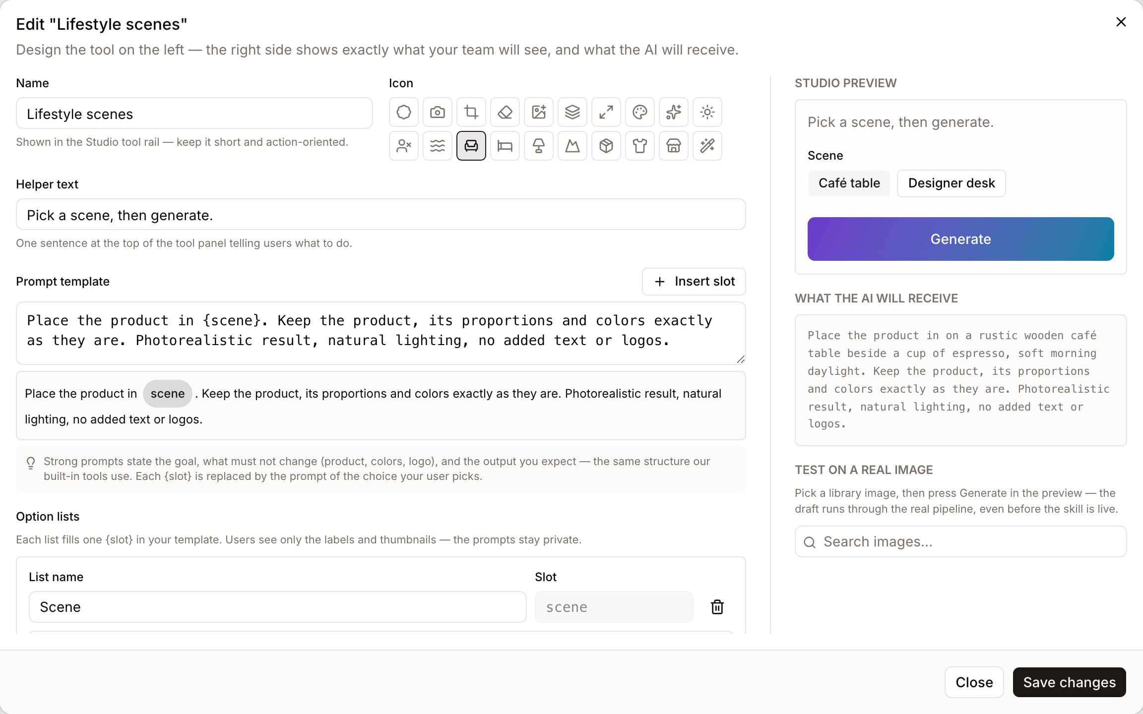 The skill editor, with the live Studio preview and the resolved prompt