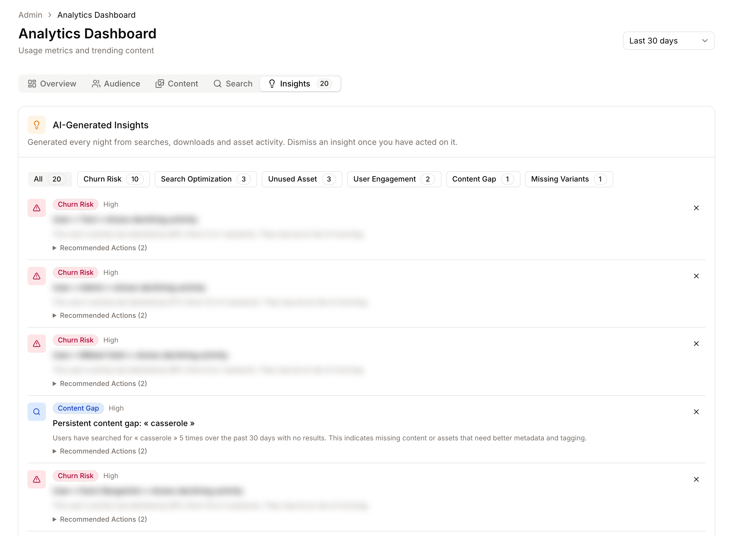 The Insights tab with the type filter and the list of insights, each with its priority and recommended actions
