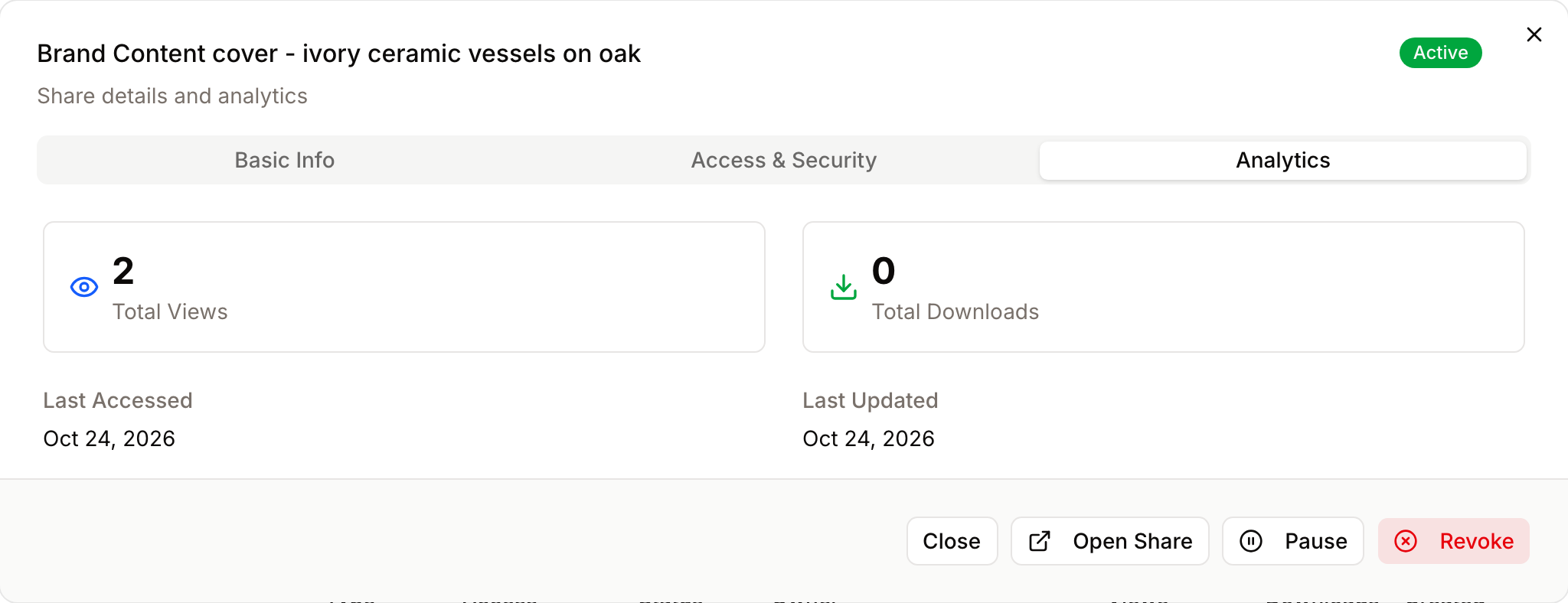 The Analytics tab of a share's details: total views, total downloads, last accessed and last updated