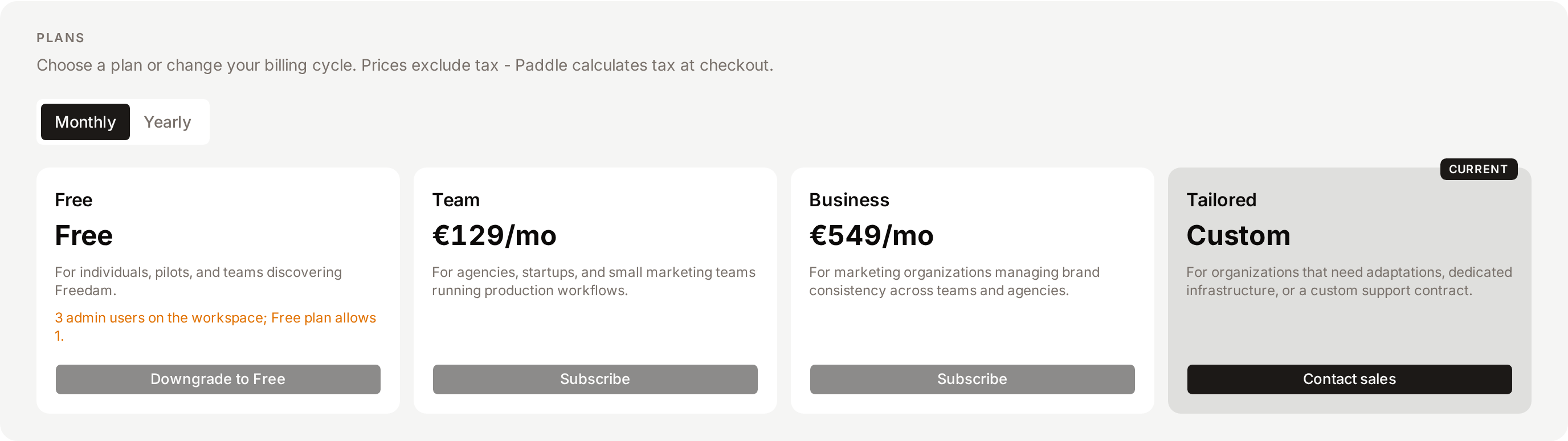The Plans section with the Monthly and Yearly toggle and a card for each plan