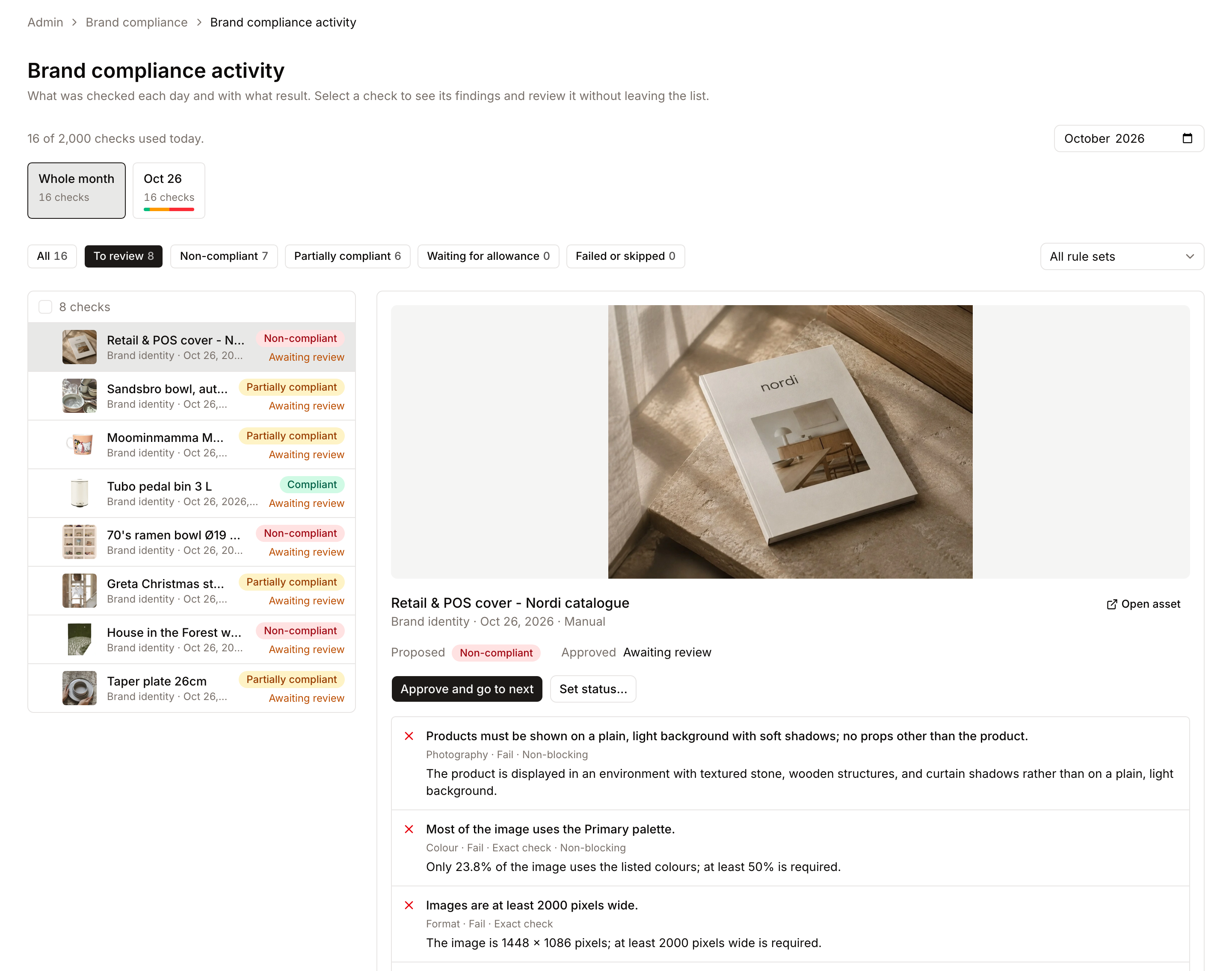 Review > Brand checks: the checks to review, with the selected check's findings next to the list