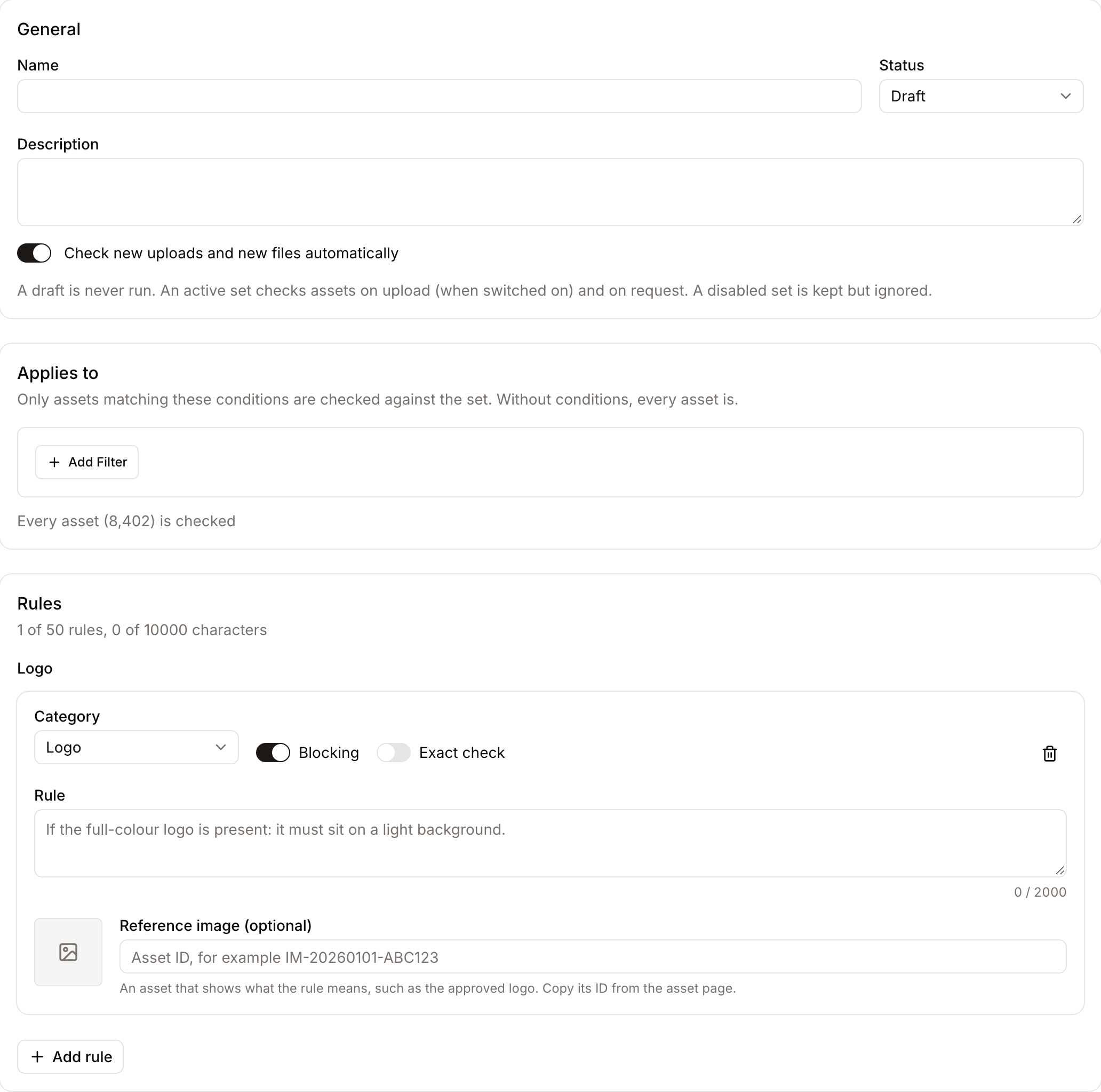 The rule set editor with its general settings, its conditions and its rules