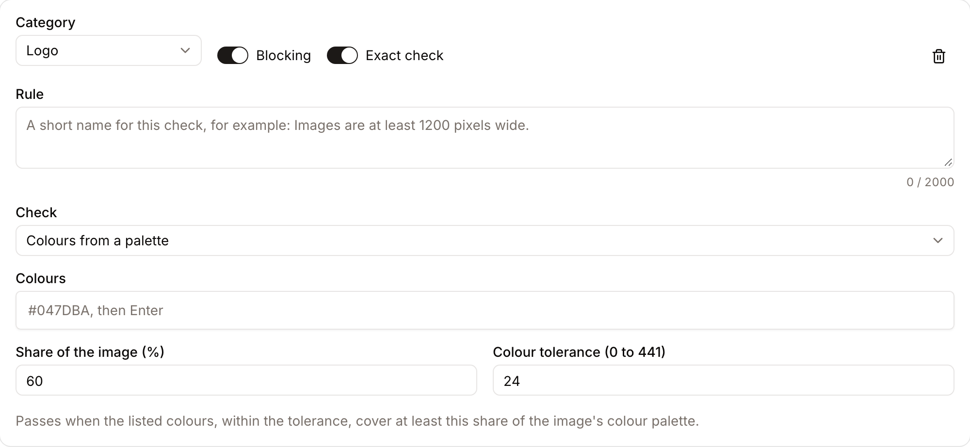 A rule with an exact check on the colours of the image