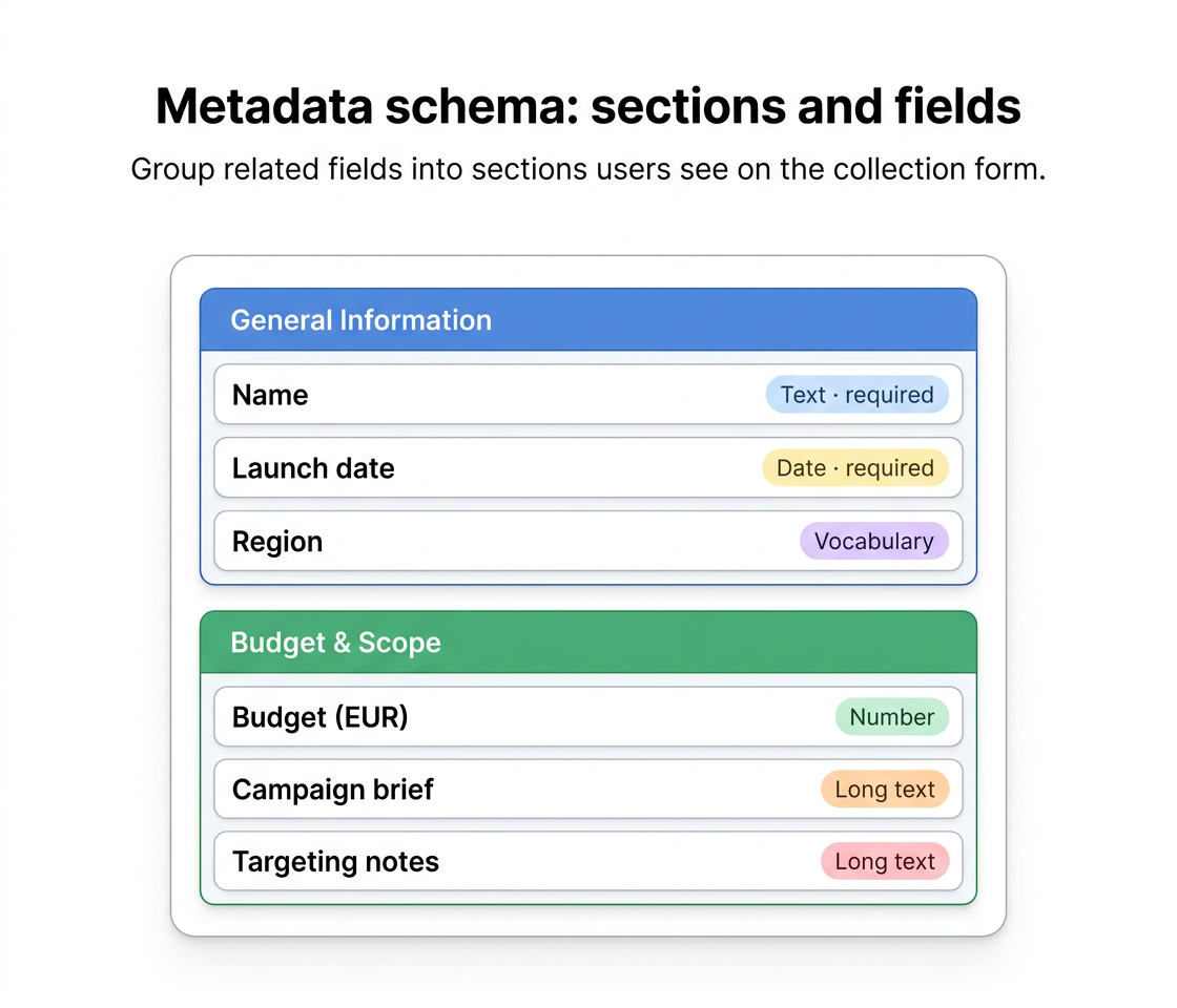 The metadata schema groups related fields into sections. Each field has a type (Text, Date, Vocabulary, Number, Long text) and can be marked required.