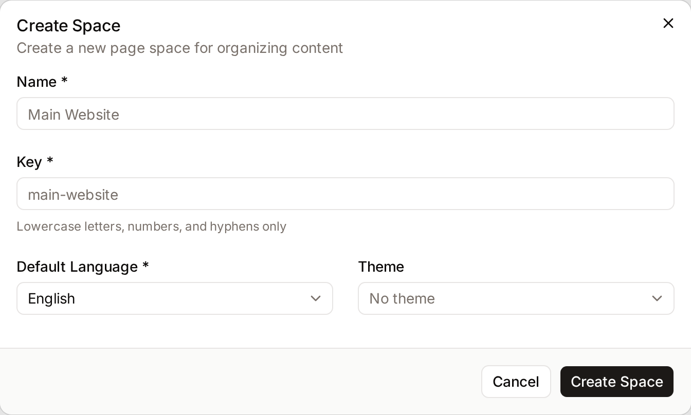 The Create Space dialog with the name, key, default language and theme fields