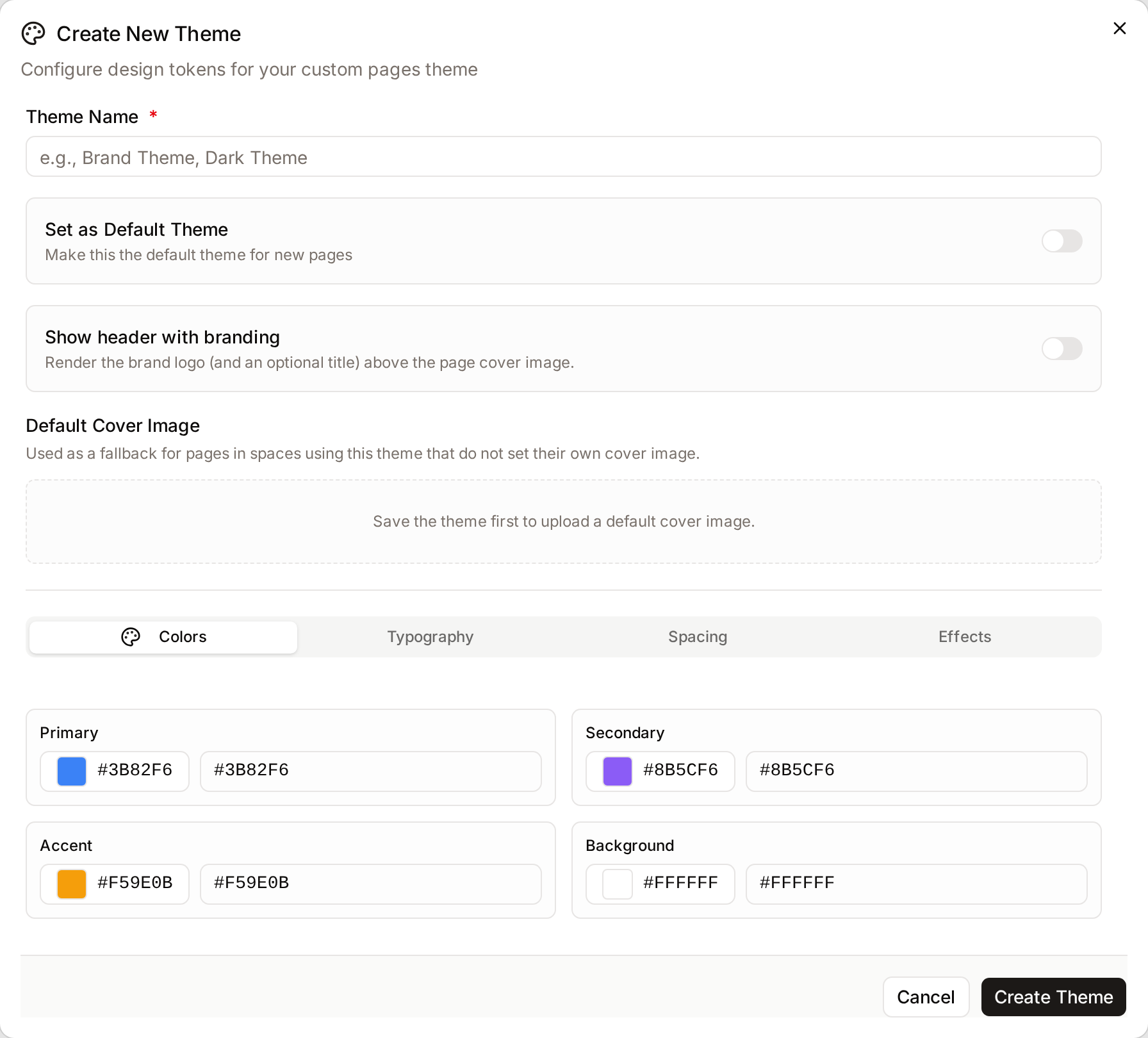 The Create New Theme dialog on the Colors tab