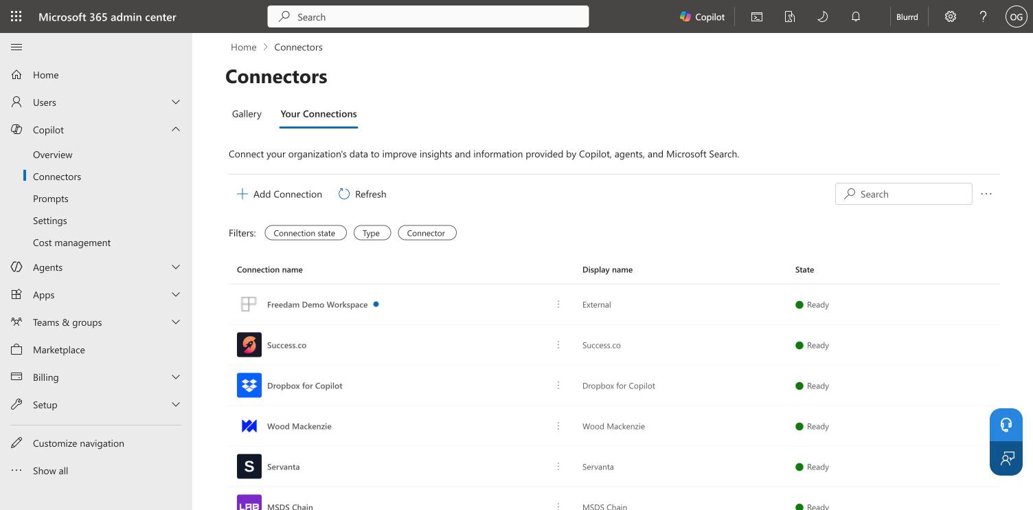 Your Connections tab of the Connectors page, with the Freedam connection in the Ready state
