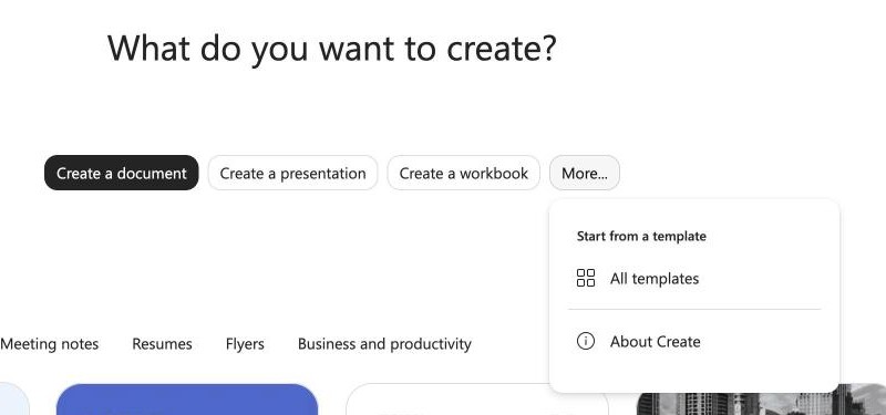 More menu of the Create page listing only All templates and About Create