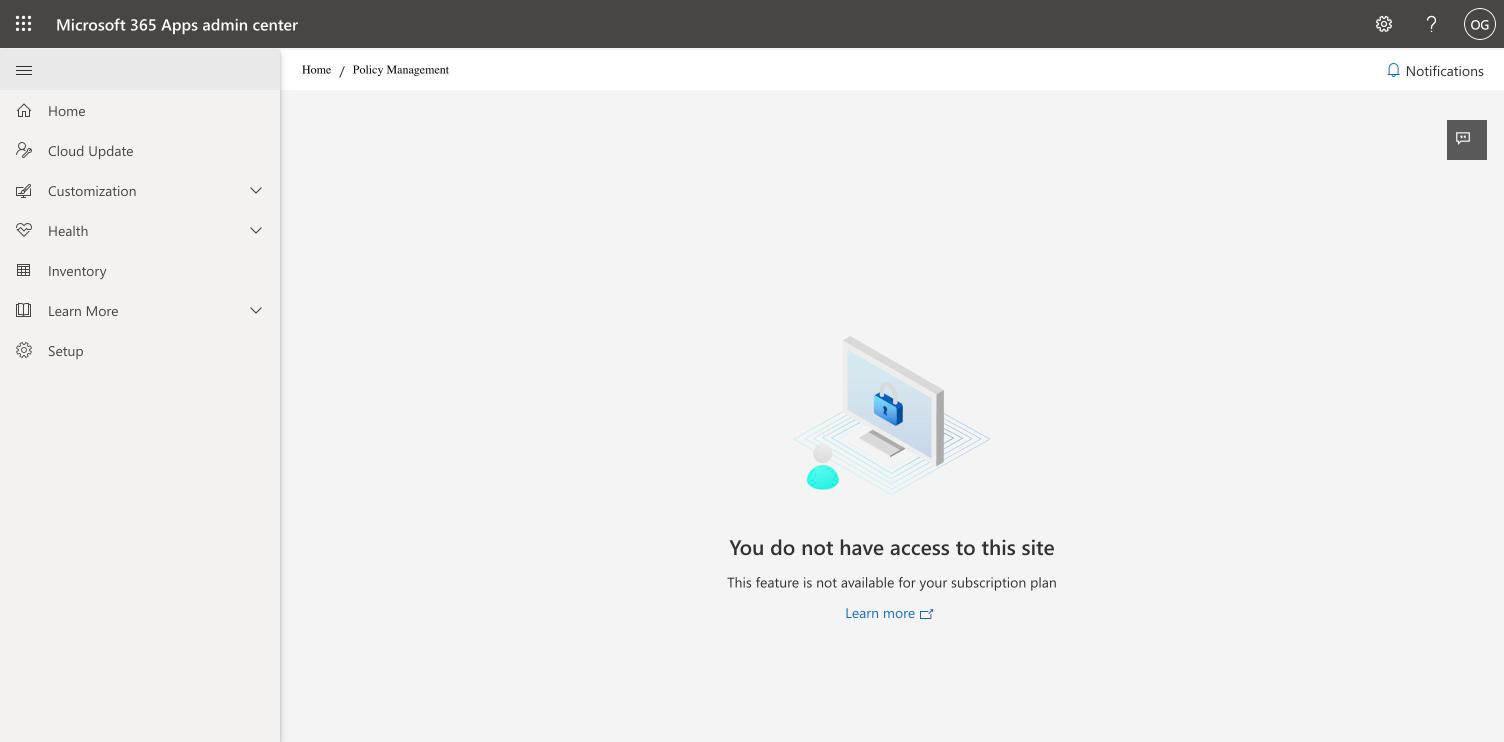 Policy Management answering that the feature is not available for the subscription plan