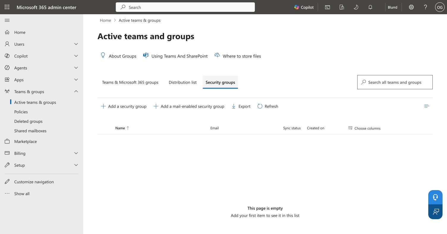 Security groups tab with the Add a mail-enabled security group button