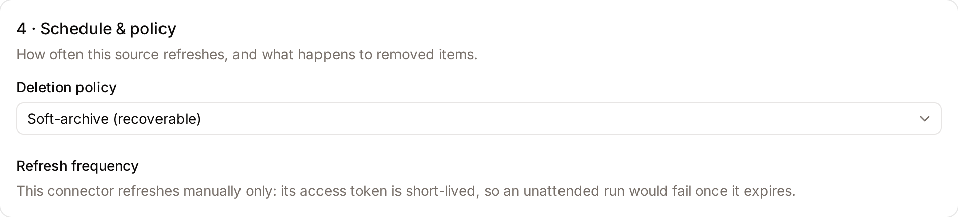The Schedule & policy step on the Edit page of a Google Drive source, where the Refresh frequency field is replaced by a manual-only note