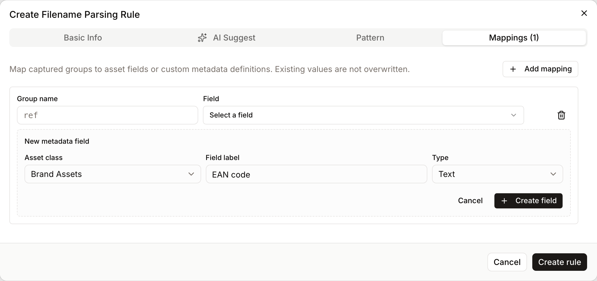 The Mappings tab of the rule dialog with the inline Create a new field form open under a mapping row