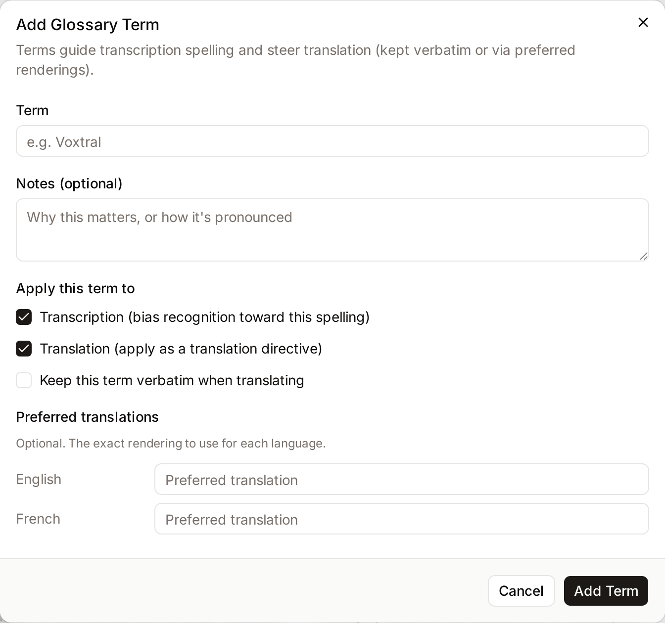 The Add Glossary Term dialog with the term, notes, usage checkboxes and preferred translations
