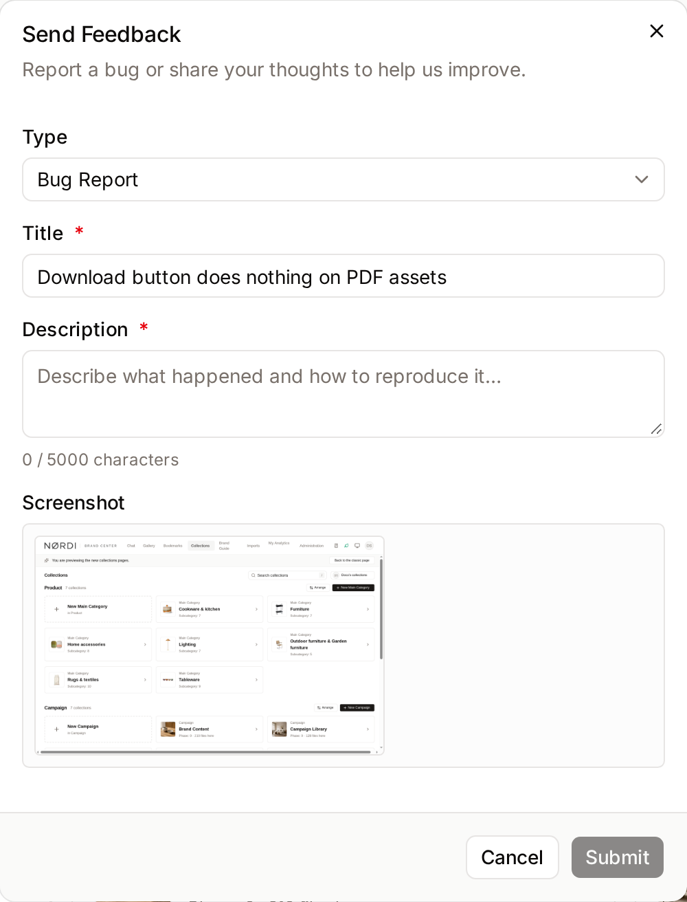 The Send Feedback dialog with the Type, Title and Description fields and the screenshot of the page
