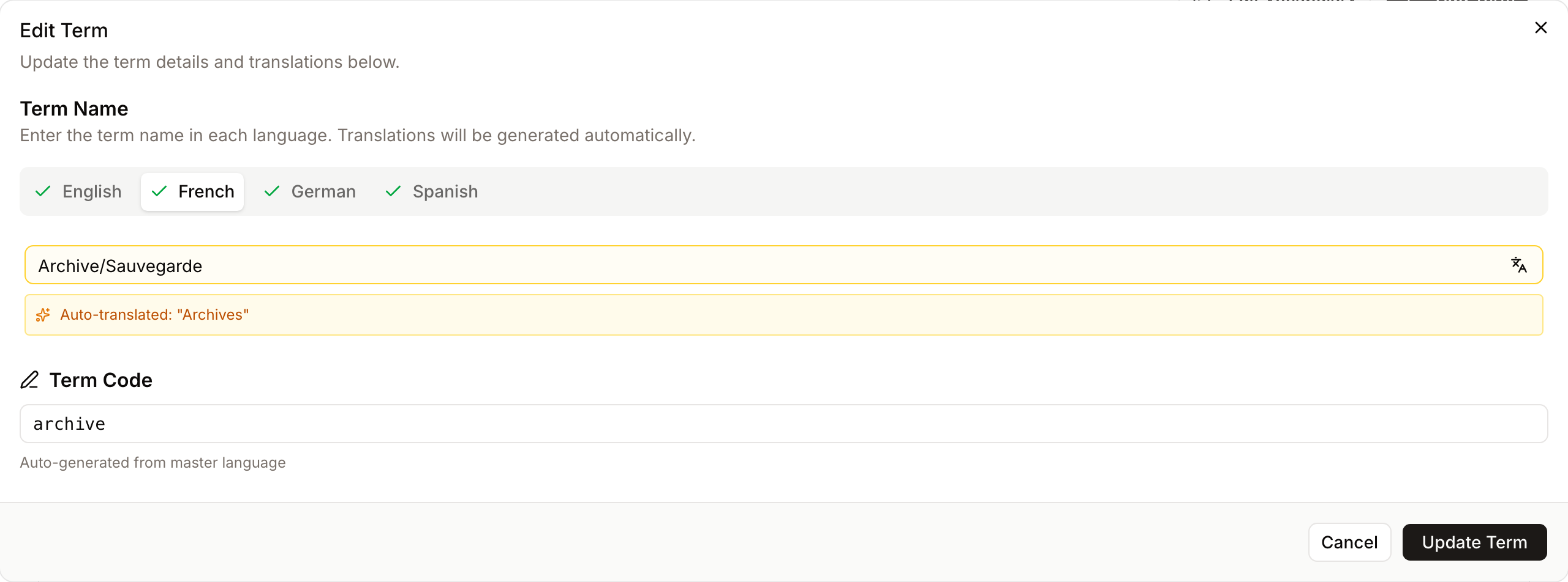 A term name with a translation waiting for review