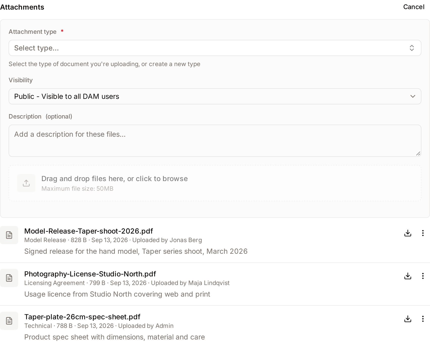The form opened by Add: attachment type, visibility, description and the drop zone, above the list of attached files