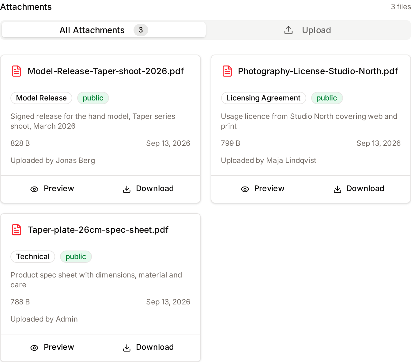 The Attachments section on an asset page with its list of attached files
