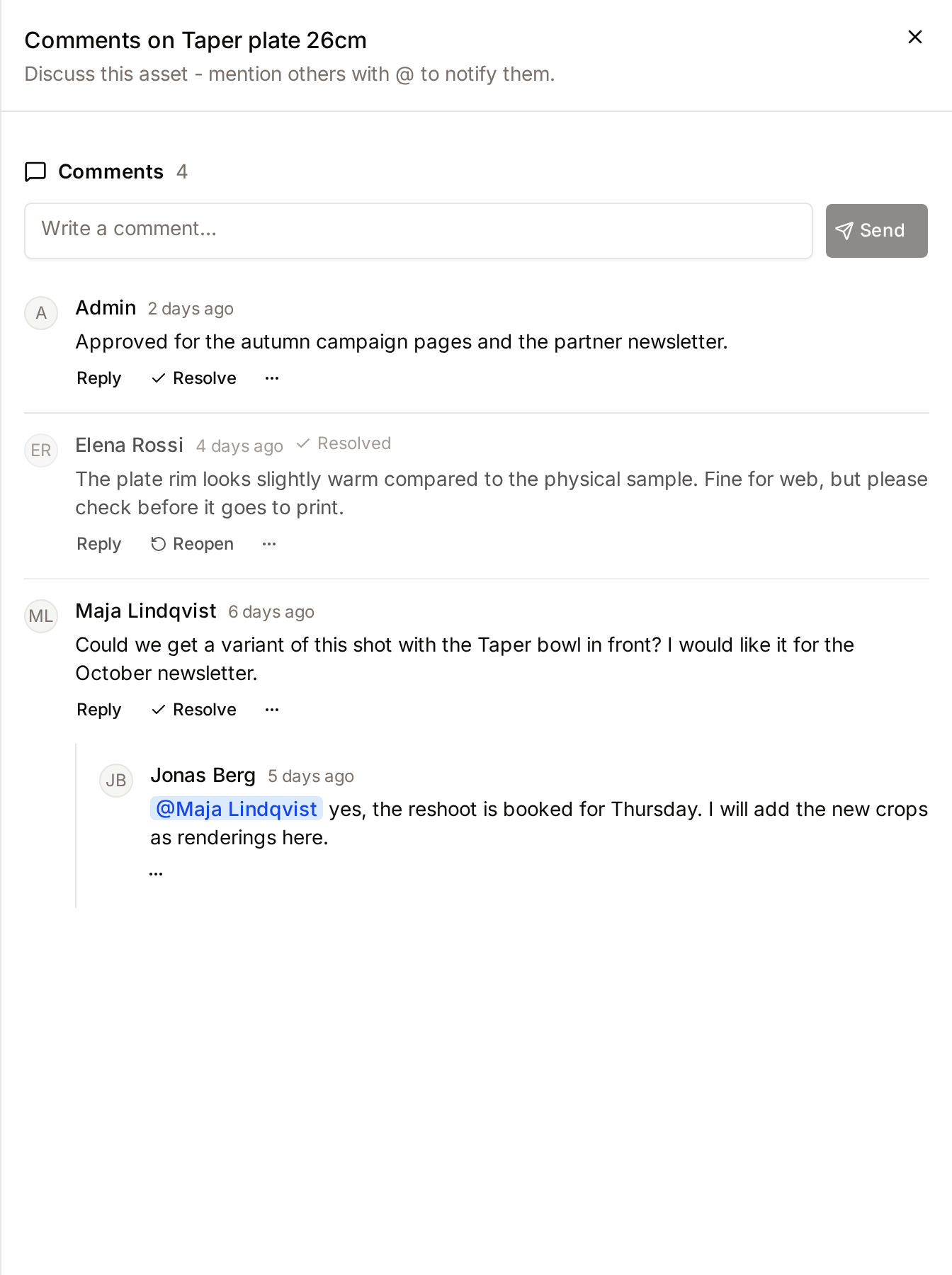 The comments panel on an asset page, with the comment box and existing comments