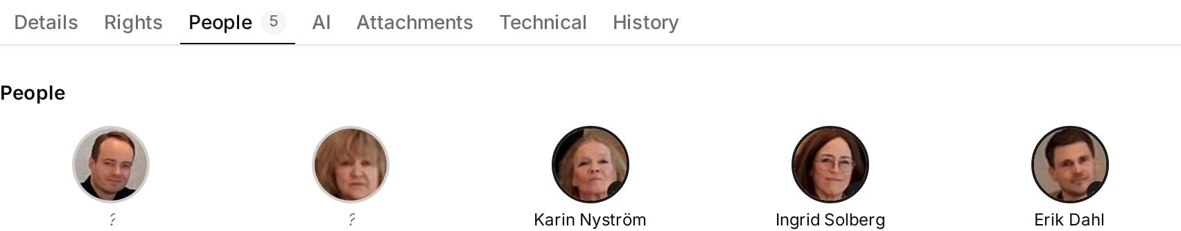 The People tab under the preview on an asset page, with the detected faces