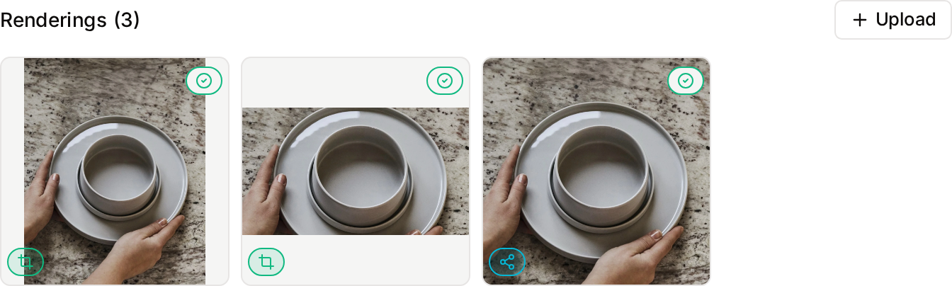 The Renderings section on an asset page, with its Upload button and the renderings attached to the asset