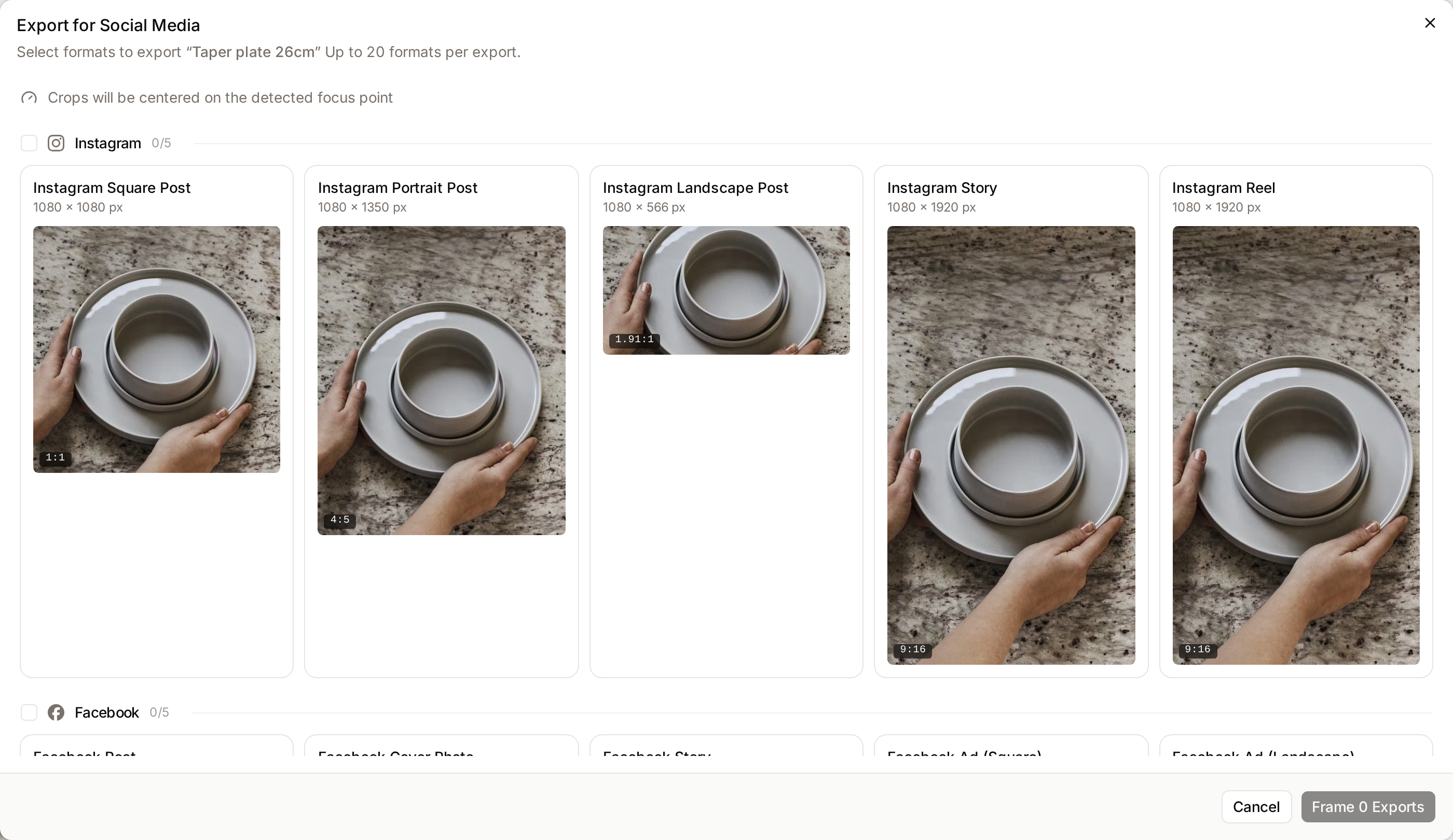 The Export for Social Media dialog with formats grouped by platform