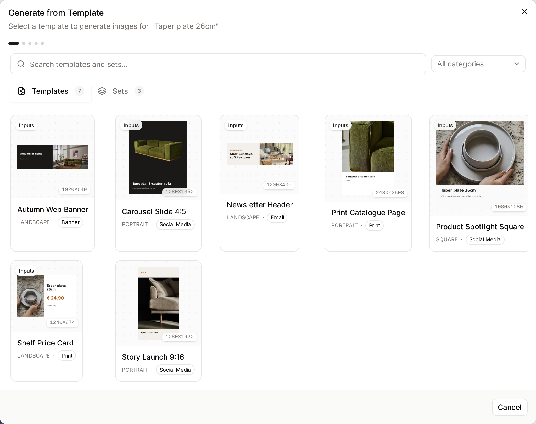 The Generate from Template dialog with the list of templates and the Templates and Sets tabs