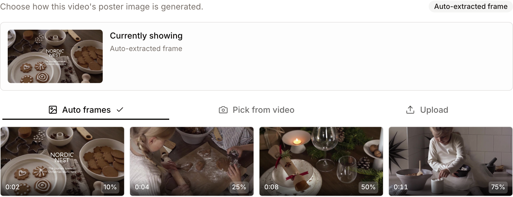 The thumbnail dialog's Auto frames tab, showing the four candidate poster frames