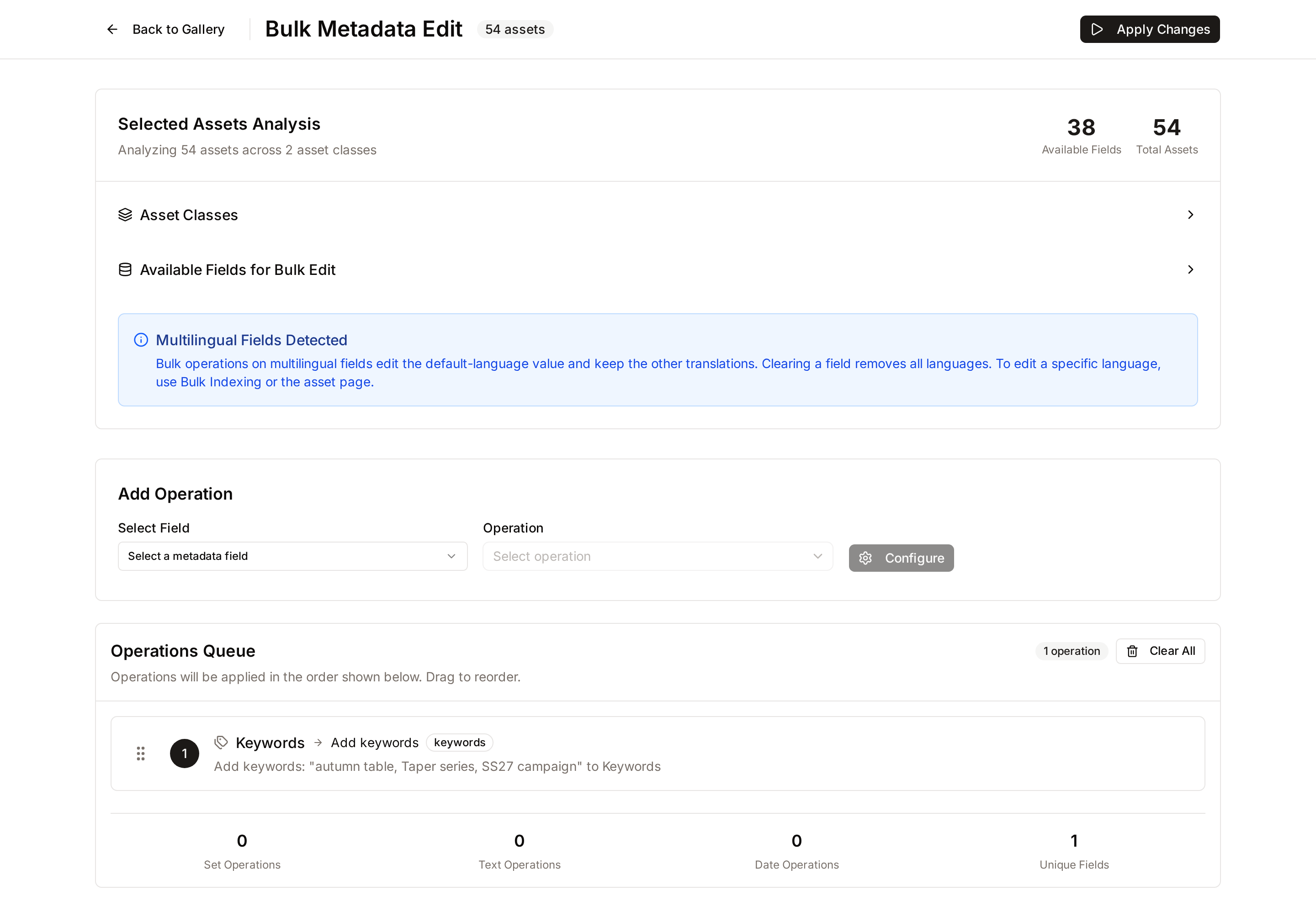 The Bulk Metadata Edit page for 54 selected Taper assets: the Selected Assets Analysis, the Add Operation panel, and a queued Add keywords operation