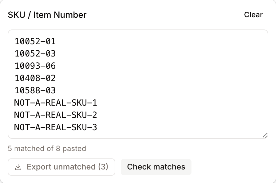 The bulk paste textarea showing a pasted list of SKUs, with the "724 matched of 842 pasted" summary and Export unmatched and Check matches buttons.