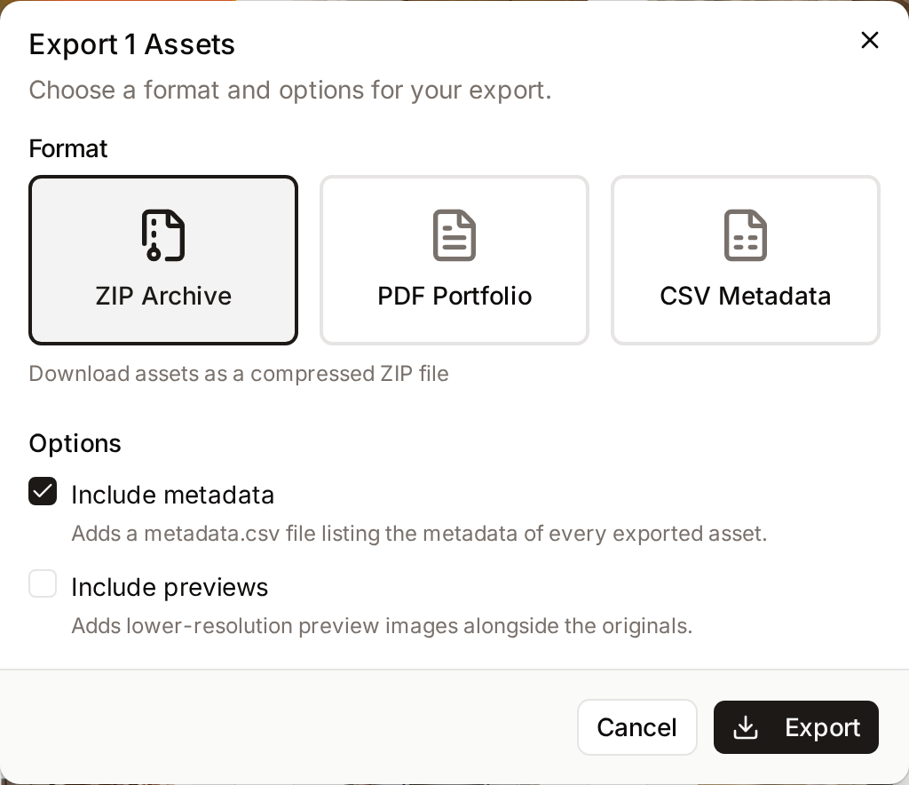 The Export dialog with the ZIP Archive, PDF Portfolio and CSV Metadata formats