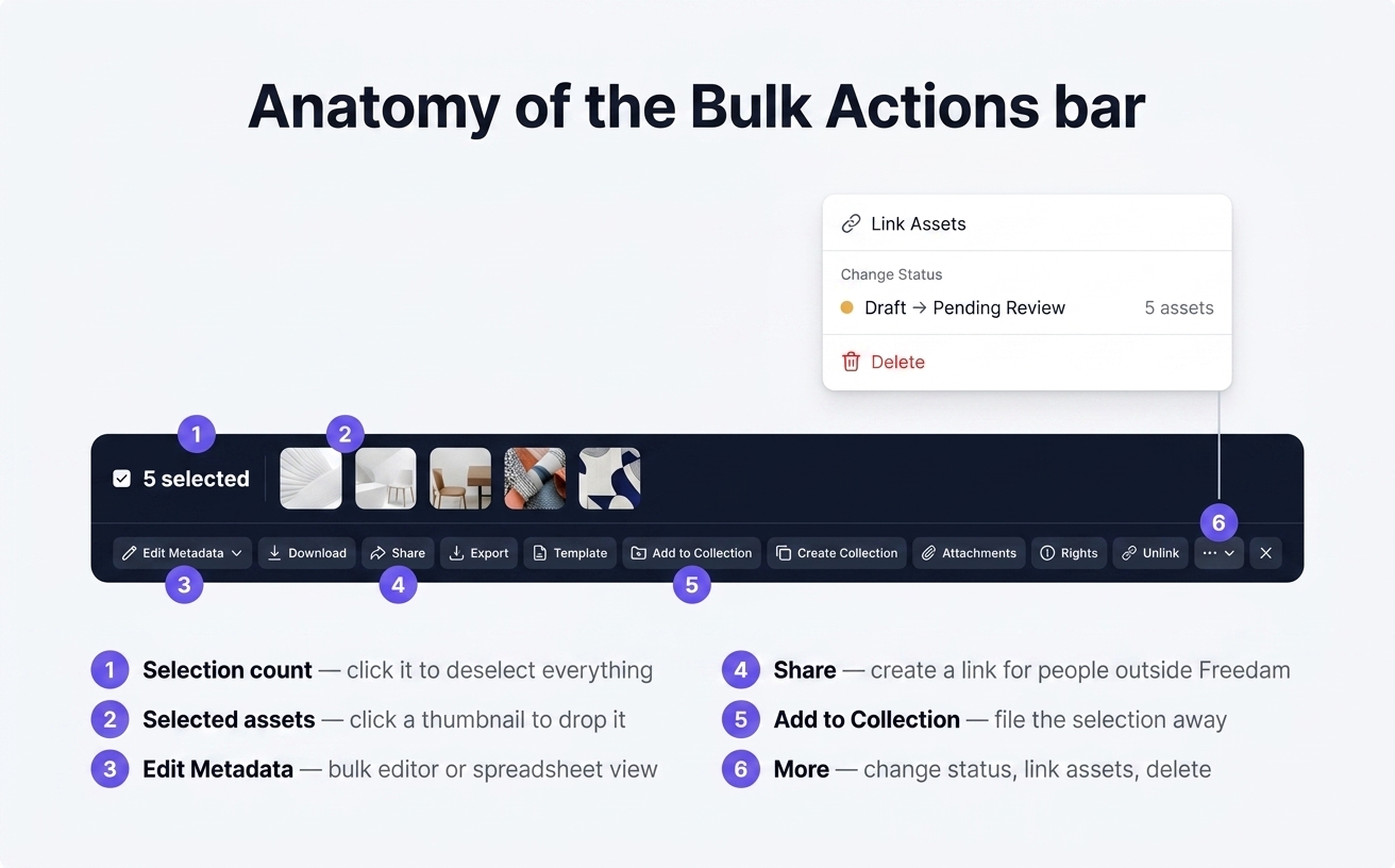 Anatomy of the Bulk Actions bar: selection count and thumbnail strip on the top row; Edit Metadata, Download, Share, Add to Collection and the More menu on the bottom row, with the More menu open on Link Assets, Change Status and Delete.