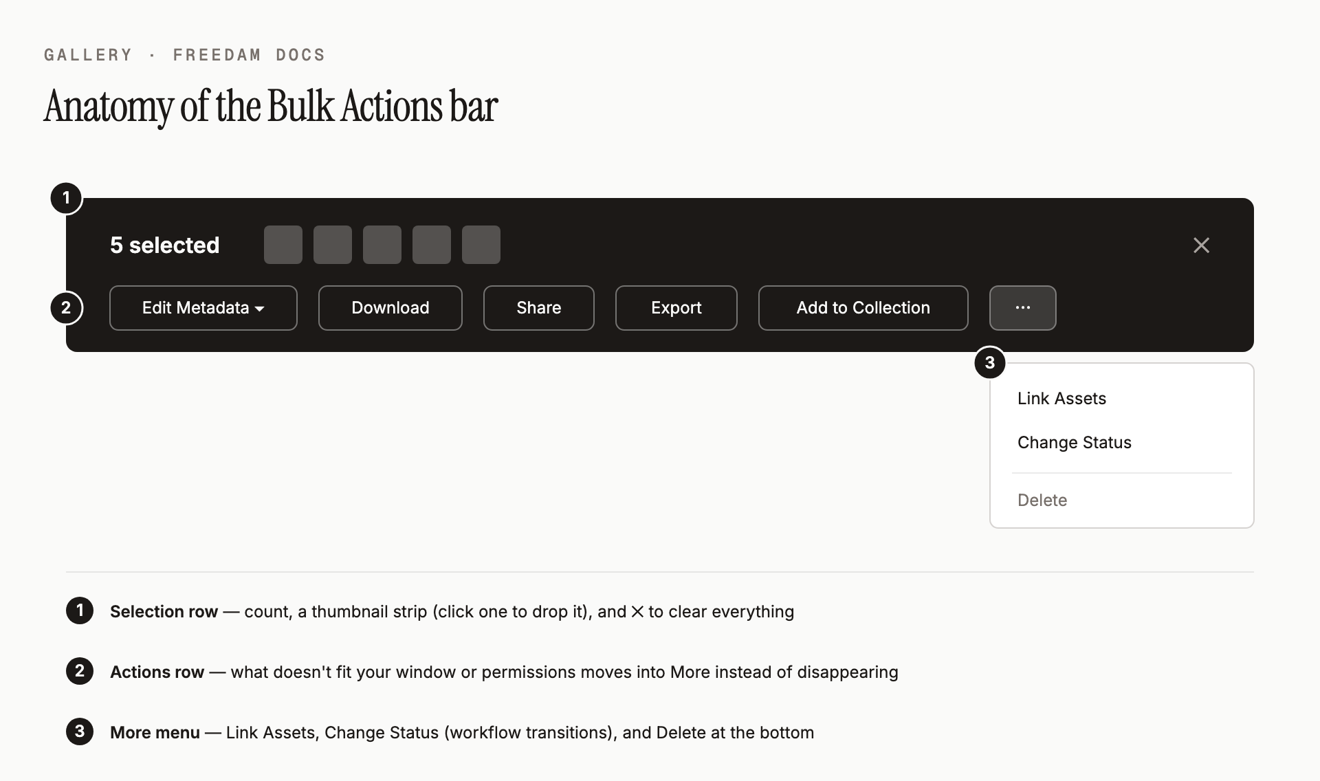 Anatomy of the Bulk Actions bar: selection count and thumbnail strip on the top row; Edit Metadata, Download, Share, Add to Collection and the More menu on the bottom row, with the More menu open on Link Assets, Change Status and Delete.