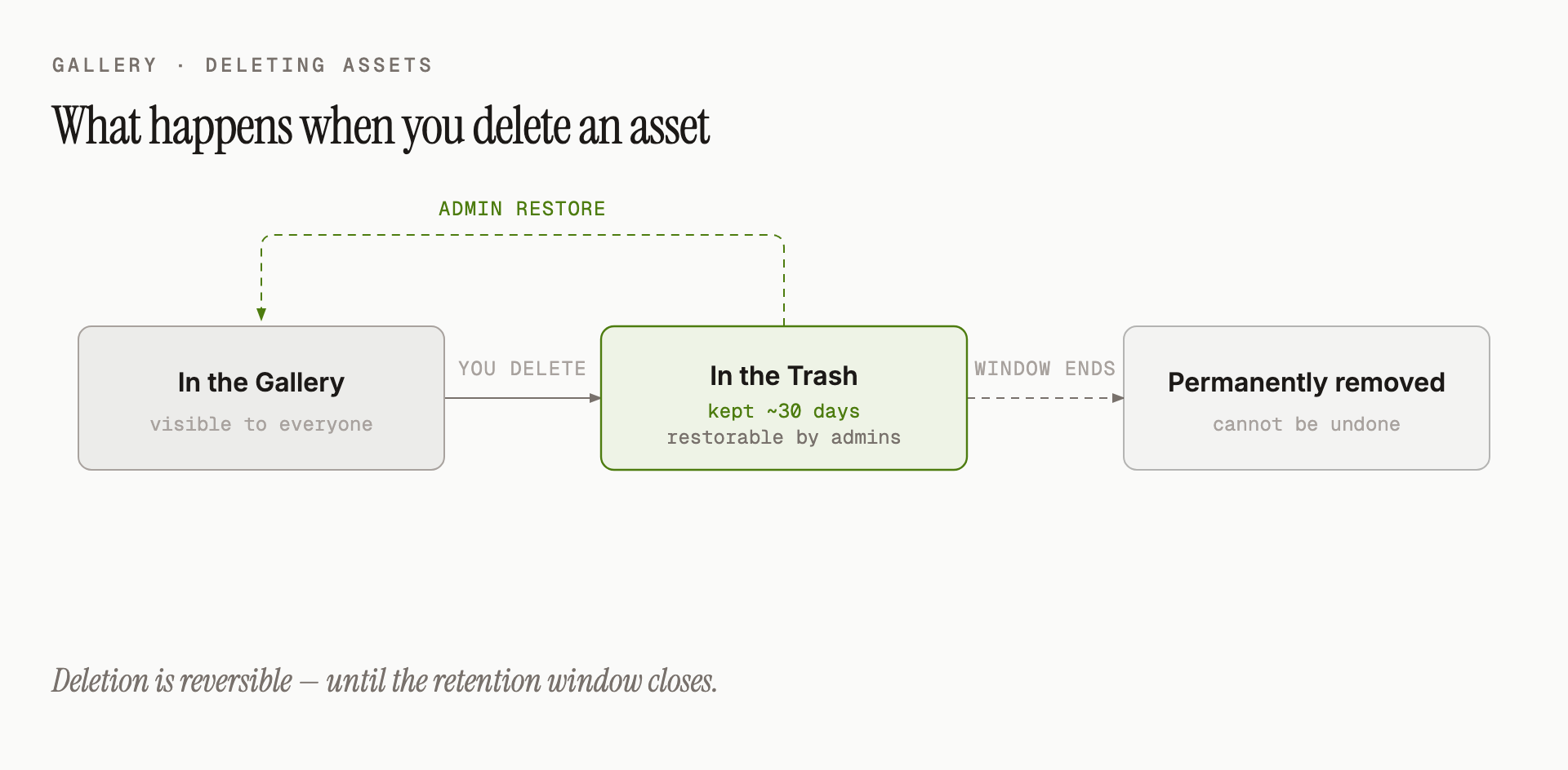 A deleted asset moves to the Trash for the retention window (typically 30 days) before it's removed for good. Until then, an admin can restore it.