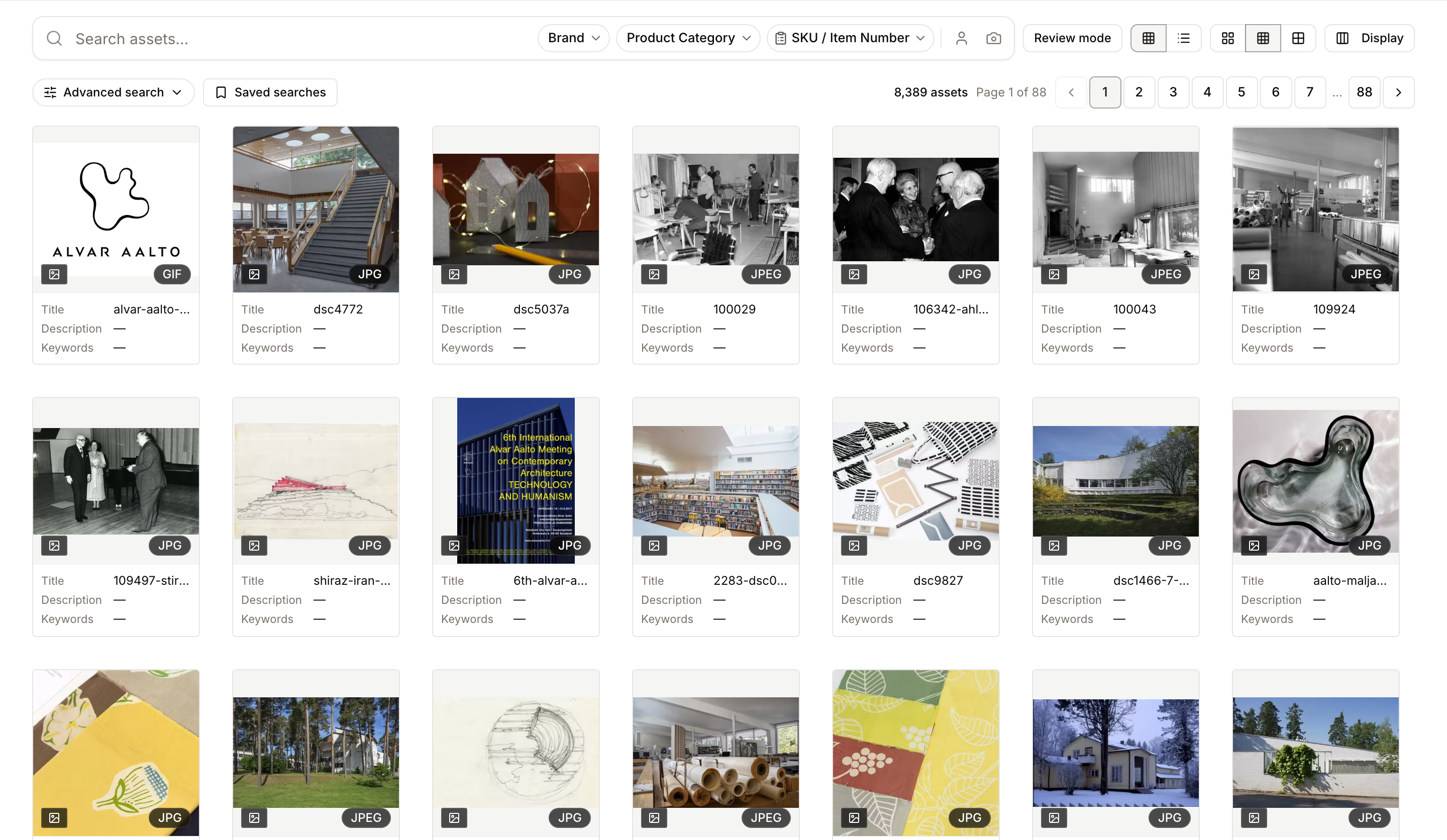 The Gallery as it opens: the search row, the controls row with Advanced search and Saved searches, and the results grid