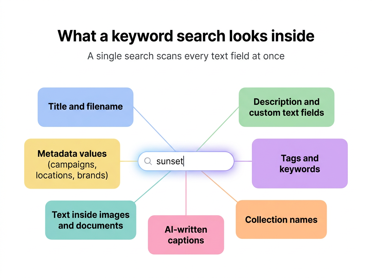 A single keyword search scans title, description, tags, collection names, AI captions, text found inside documents and images, and all metadata values.