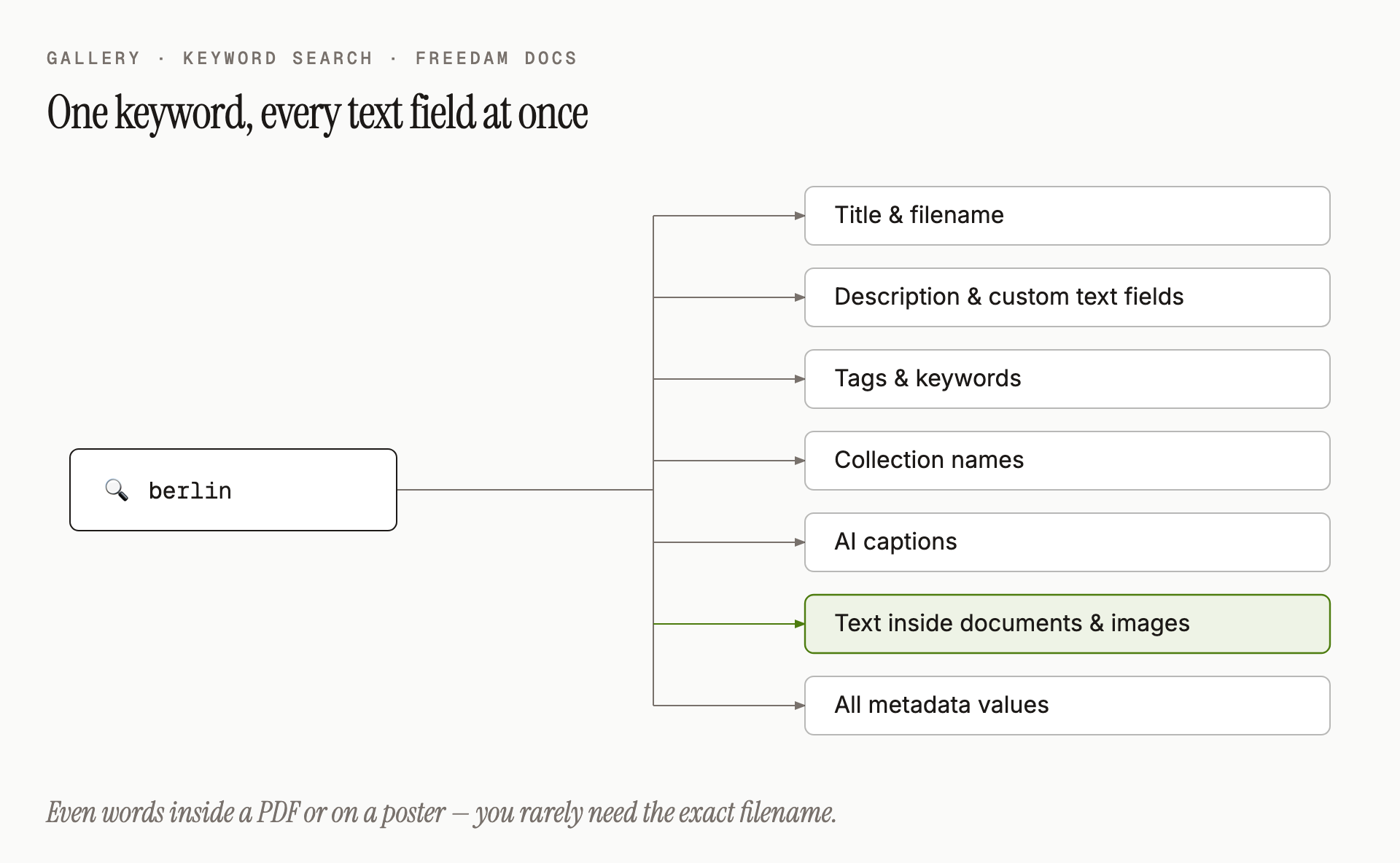 A single keyword search scans title, description, tags, collection names, AI captions, text found inside documents and images, and all metadata values.