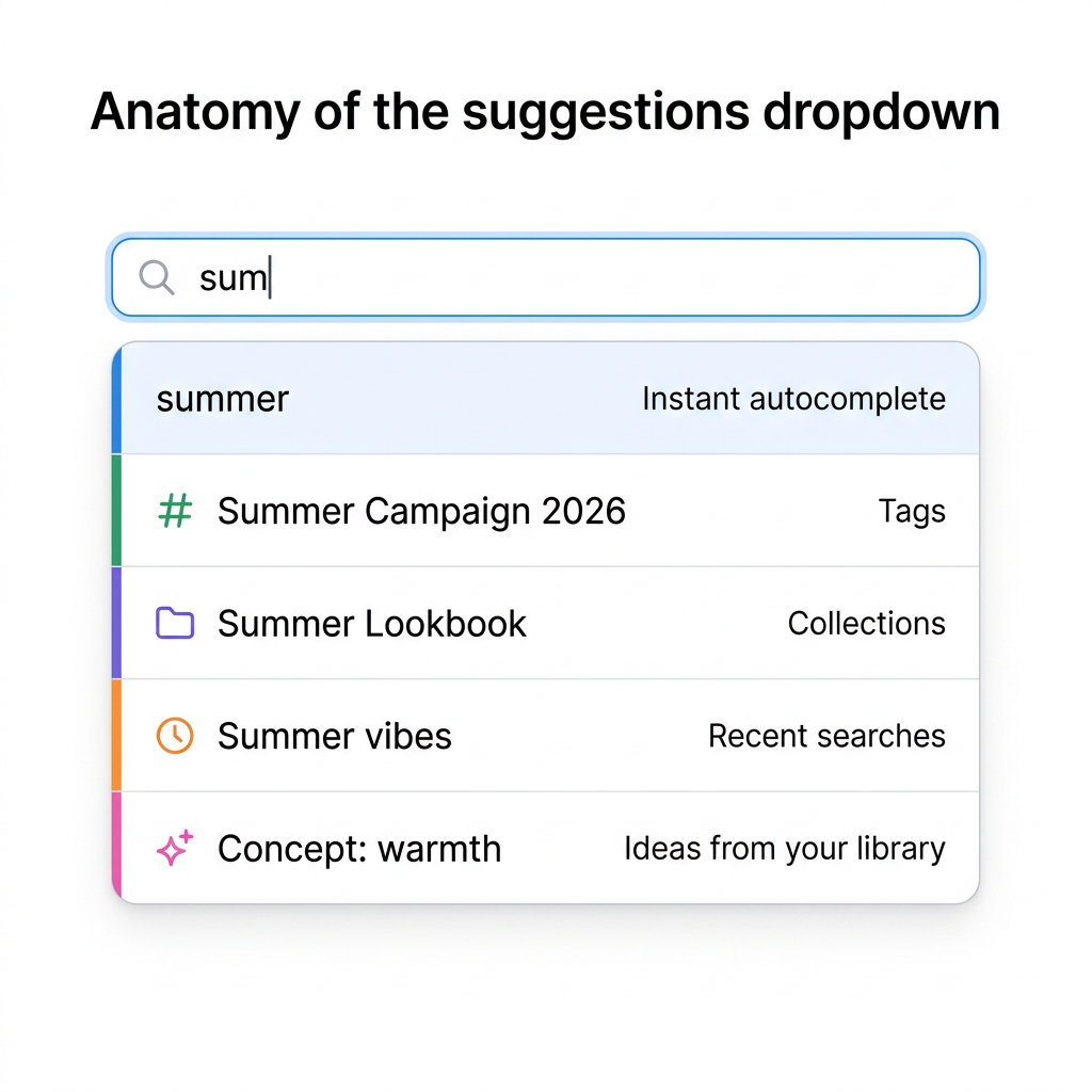 The suggestions dropdown showing five kinds of result: instant autocomplete, tags, collections, recent searches, and ideas from the library.