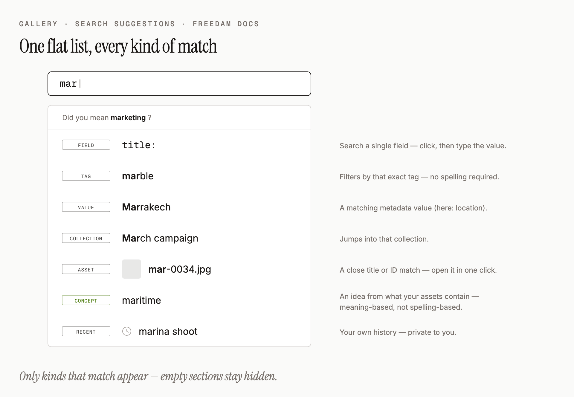 The suggestions dropdown is one flat list where every row carries a type label - a "Did you mean" correction on top, then field, tag, metadata value, collection, asset, concept and recent-search matches.