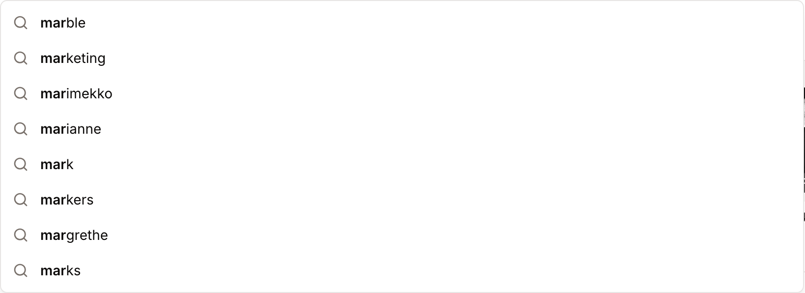 The live suggestions dropdown after typing "mar" into the search bar