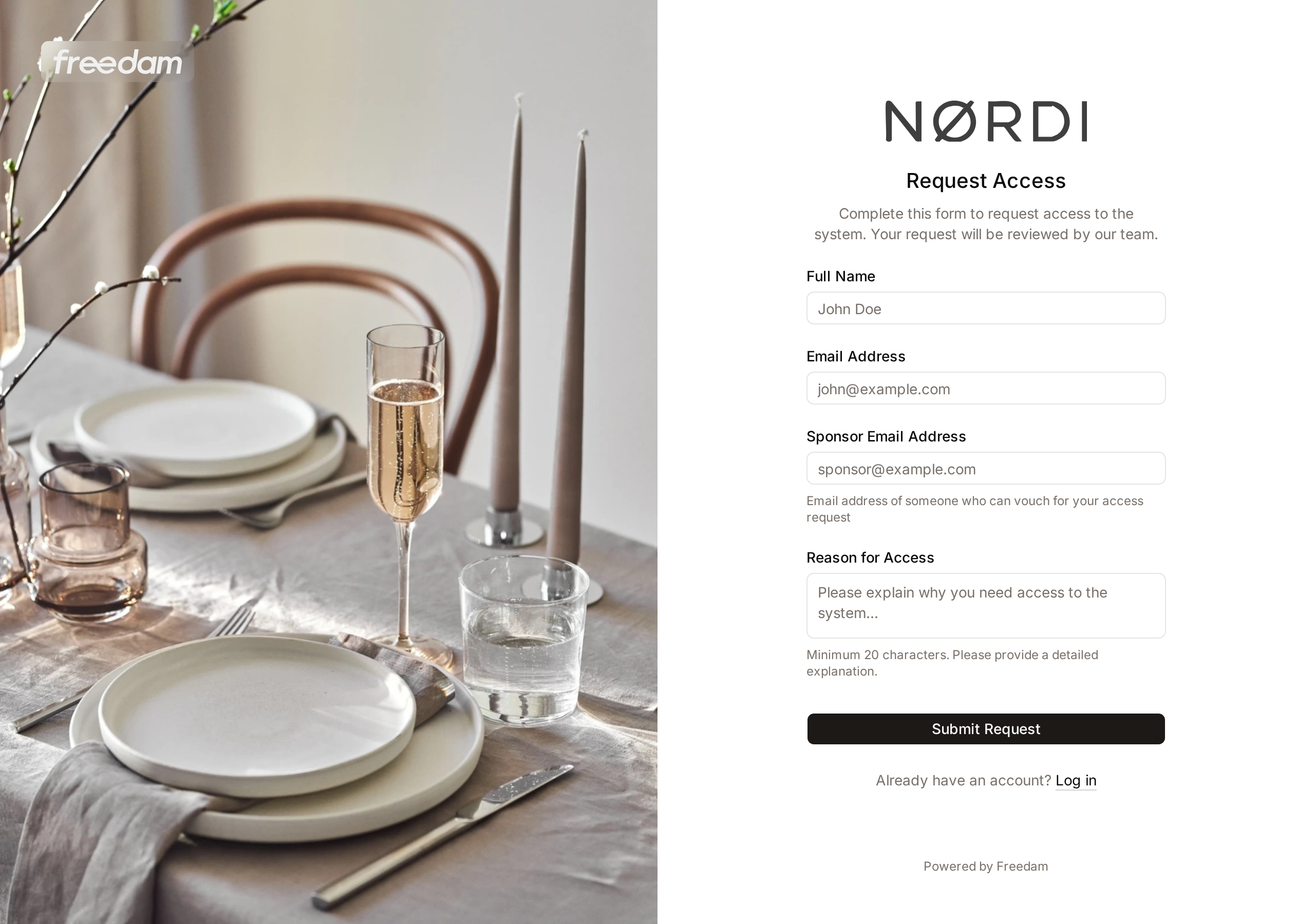 The Request Access form with the name, email, sponsor email and reason fields