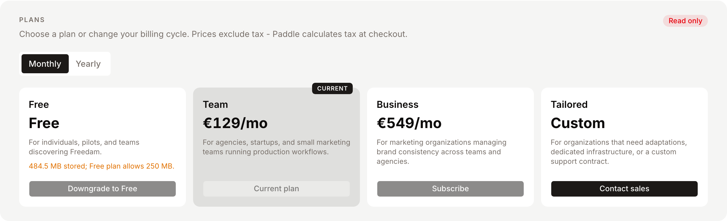 The Plans section of Plan & Usage in a read-only workspace, with the Read only badge and the Free plan card explaining which limit is exceeded