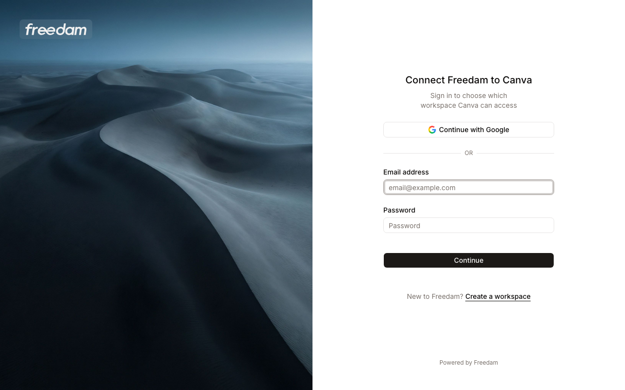 Freedam sign-in page opened by Canva